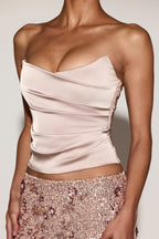 Chic Satin Draped Lace-Up Corset Top in Gold