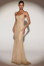 Chic Metallic Lace Godet Fishtail Gown in Gold