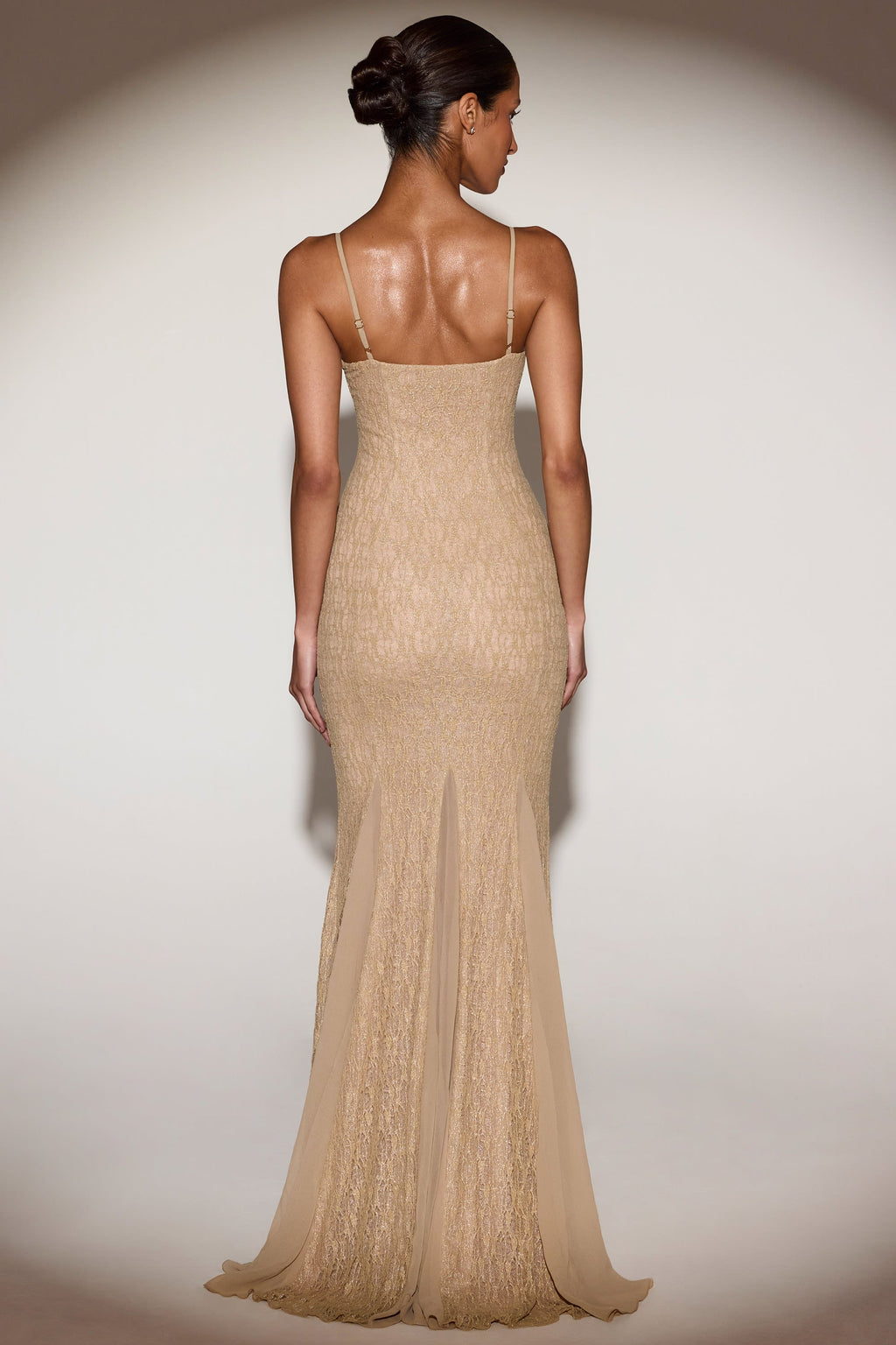 Chic Metallic Lace Godet Fishtail Gown in Gold