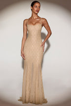 Chic Metallic Lace Godet Fishtail Gown in Gold