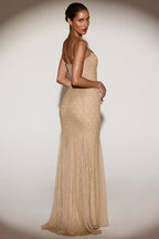 Chic Metallic Lace Godet Fishtail Gown in Gold