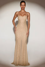 Chic Metallic Lace Godet Fishtail Gown in Gold