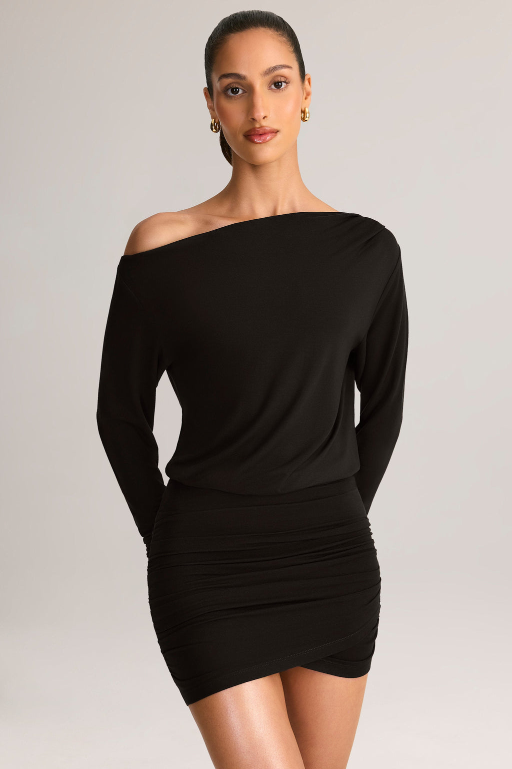 Chic Modal Off-Shoulder Wrap Mini Dress in Black