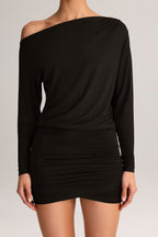 Chic Modal Off-Shoulder Wrap Mini Dress in Black