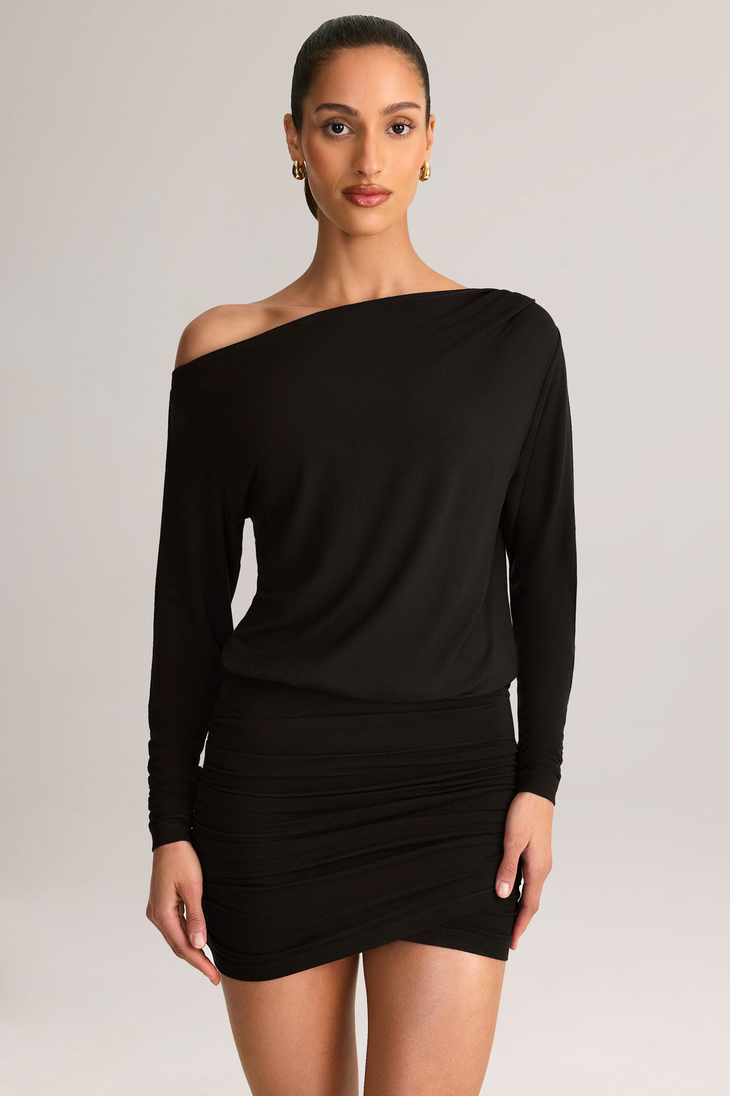 Chic Modal Off-Shoulder Wrap Mini Dress in Black