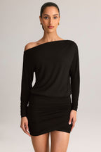Chic Modal Off-Shoulder Wrap Mini Dress in Black