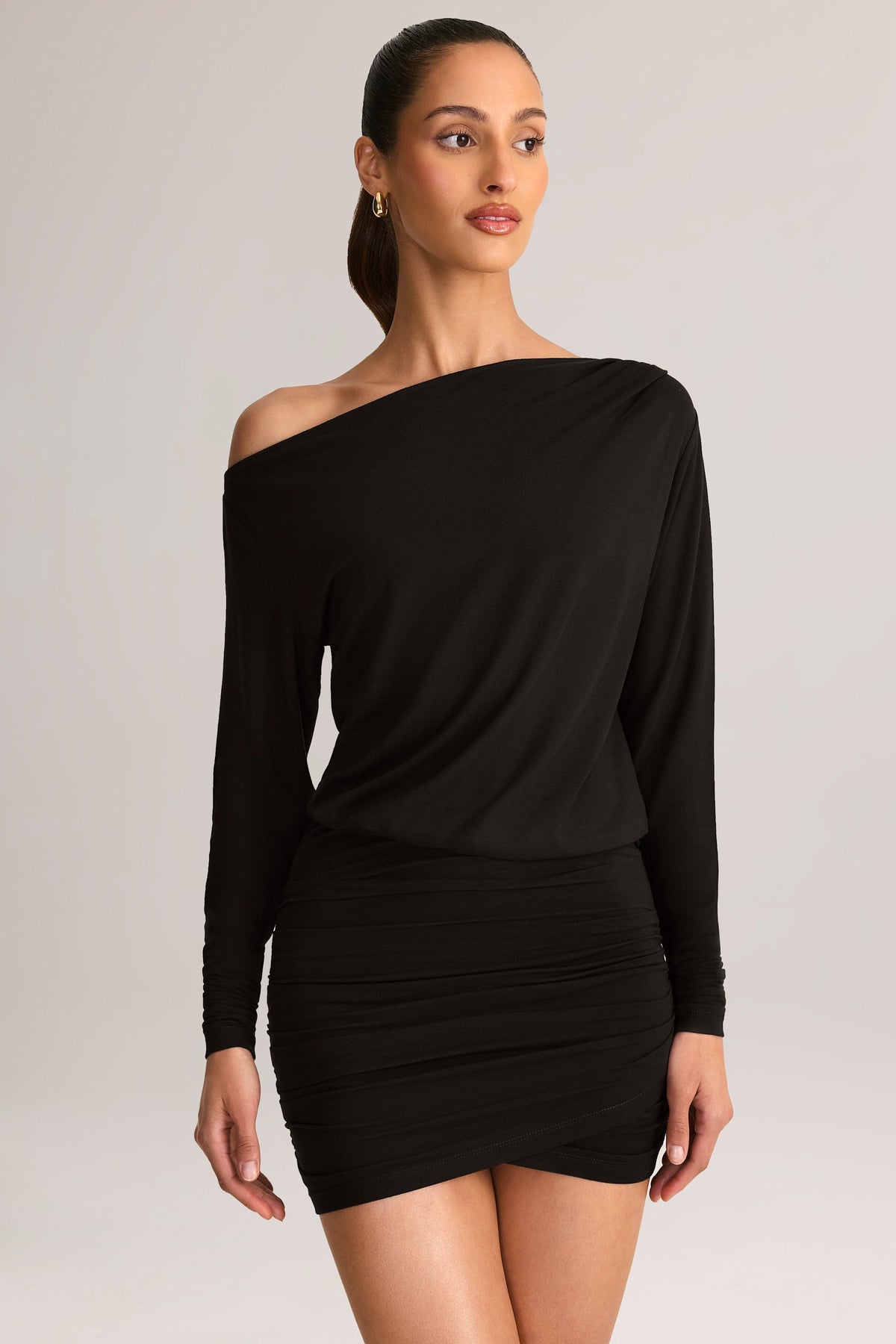 Chic Modal Off-Shoulder Wrap Mini Dress in Black