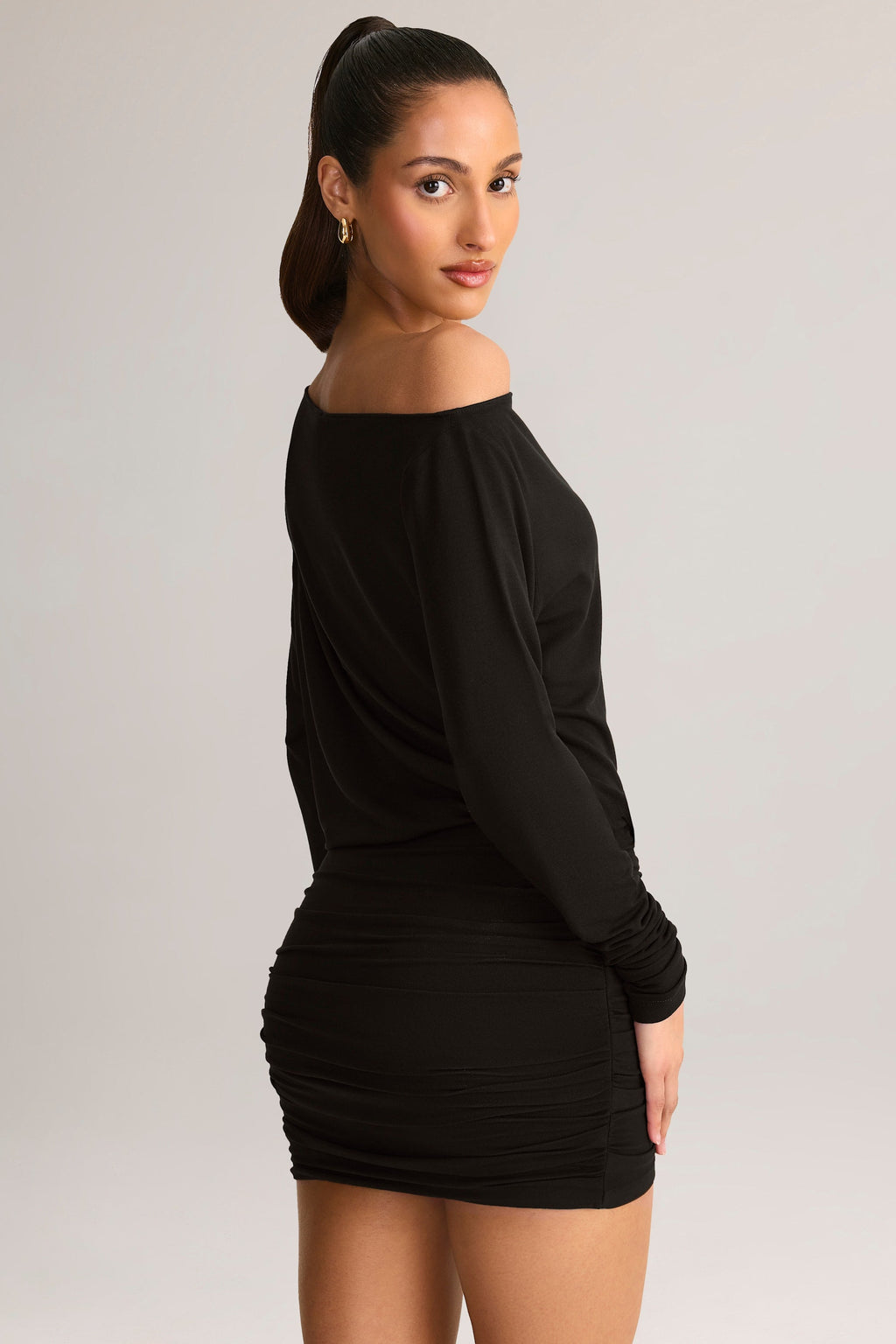 Chic Modal Off-Shoulder Wrap Mini Dress in Black