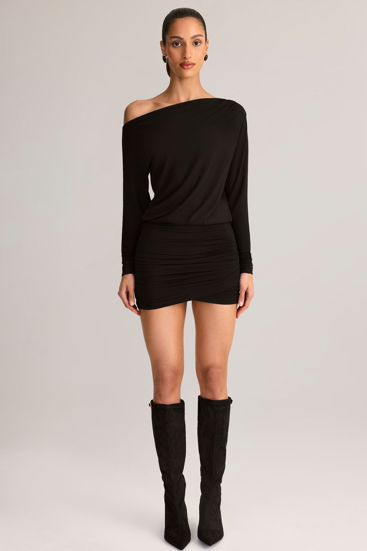 Chic Modal Off-Shoulder Wrap Mini Dress in Black