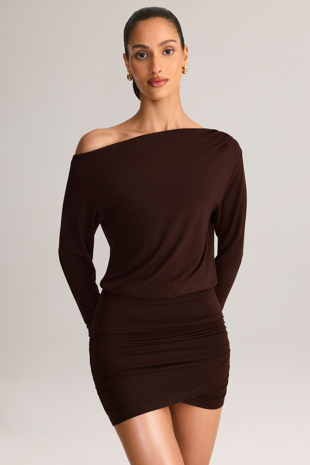 Chic Modal Off-Shoulder Wrap Mini Dress in Chocolate Brown