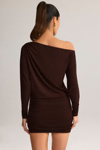 Chic Modal Off-Shoulder Wrap Mini Dress in Chocolate Brown