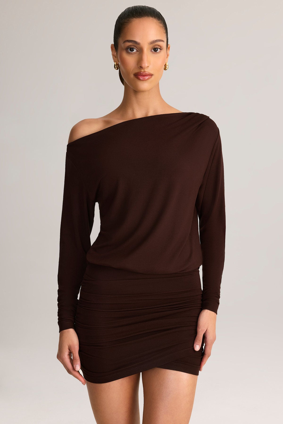 Chic Modal Off-Shoulder Wrap Mini Dress in Chocolate Brown