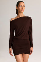 Chic Modal Off-Shoulder Wrap Mini Dress in Chocolate Brown