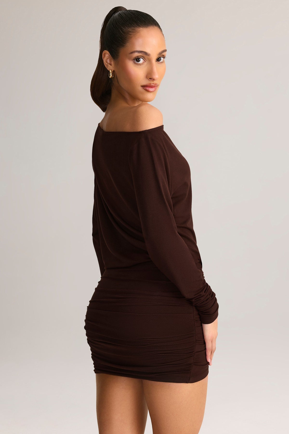 Chic Modal Off-Shoulder Wrap Mini Dress in Chocolate Brown