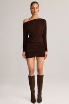 Chic Modal Off-Shoulder Wrap Mini Dress in Chocolate Brown