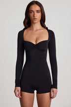 Chic Soft Jersey Sweetheart Long-Sleeve Mini Playsuit in Black