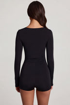 Chic Soft Jersey Sweetheart Long-Sleeve Mini Playsuit in Black