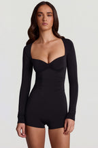 Chic Soft Jersey Sweetheart Long-Sleeve Mini Playsuit in Black