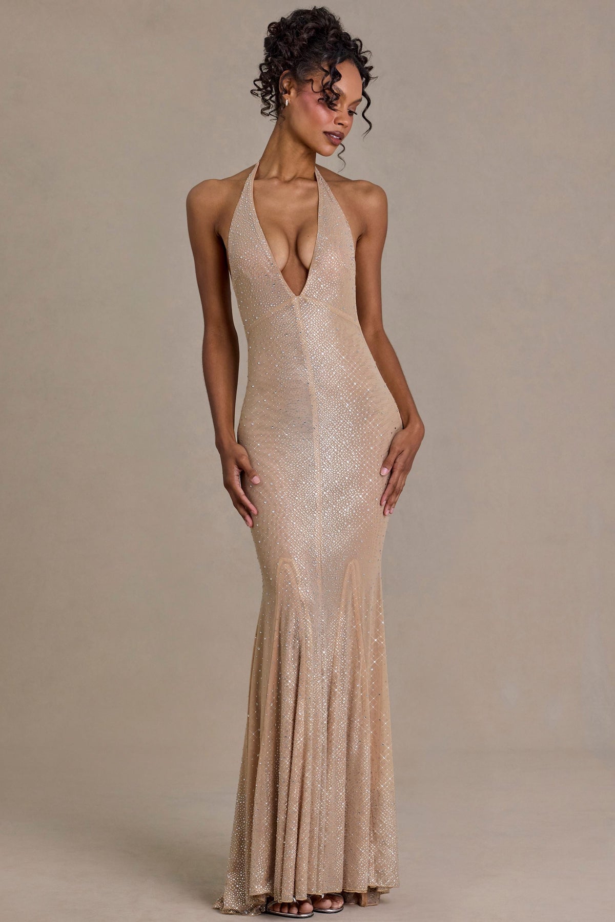 Chic Embellished Plunge-Neck Open-Back Gown in Sand