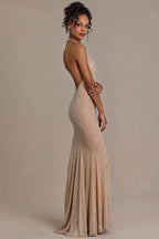 Chic Embellished Plunge-Neck Open-Back Gown in Sand