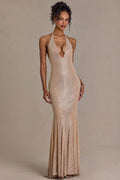Chic Embellished Plunge-Neck Open-Back Gown in Sand