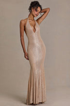 Chic Embellished Plunge-Neck Open-Back Gown in Sand