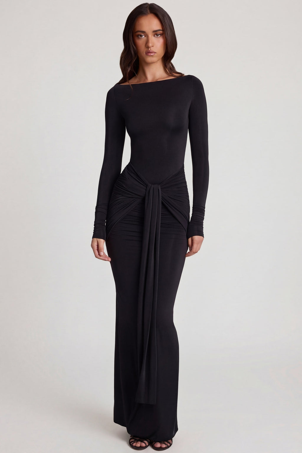 Chic Soft Jersey Boat-Neck Tie-Gather Maxi Dress in Black