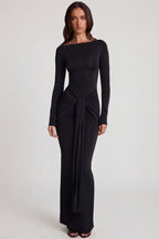 Chic Soft Jersey Boat-Neck Tie-Gather Maxi Dress in Black