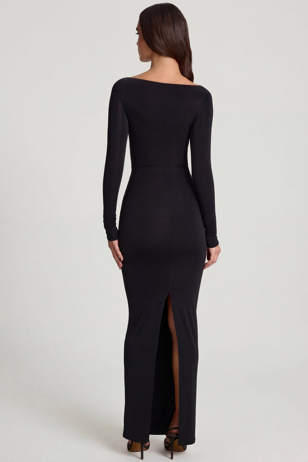 Chic Soft Jersey Boat-Neck Tie-Gather Maxi Dress in Black