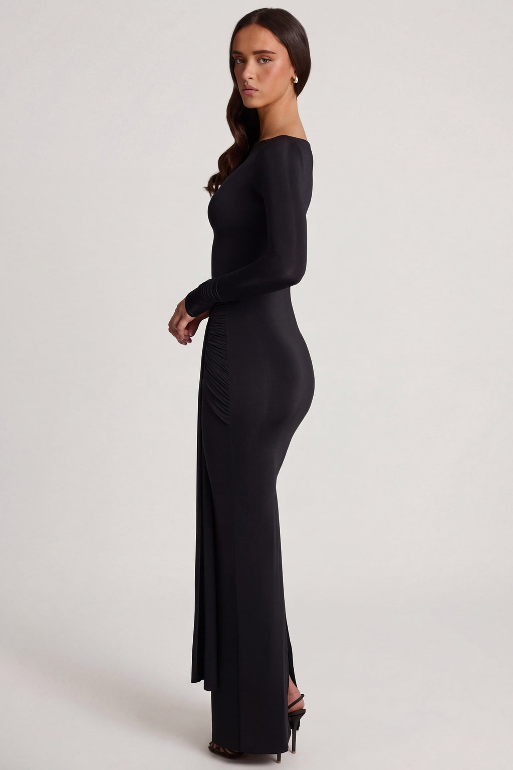 Chic Soft Jersey Boat-Neck Tie-Gather Maxi Dress in Black