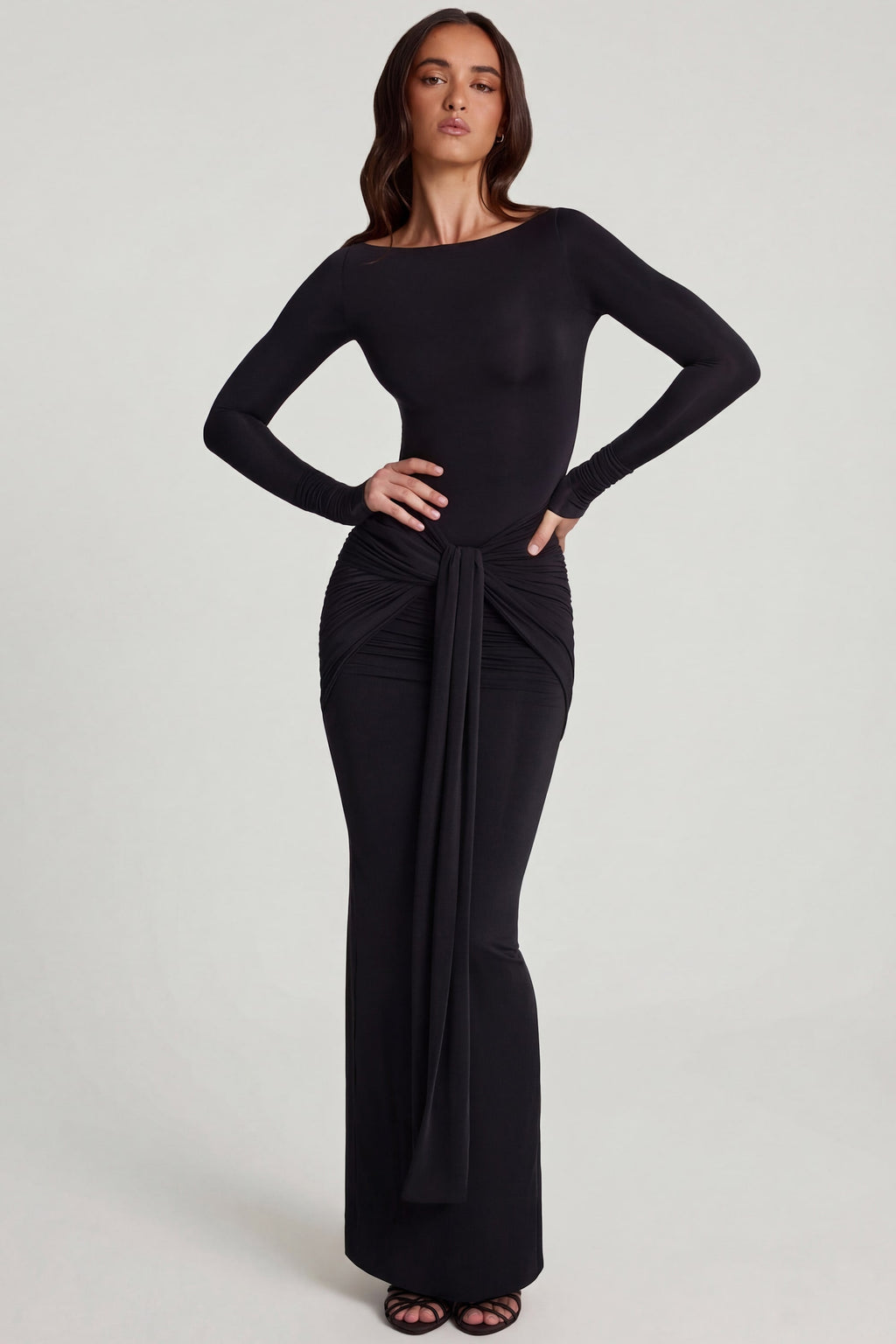 Chic Soft Jersey Boat-Neck Tie-Gather Maxi Dress in Black