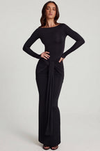 Chic Soft Jersey Boat-Neck Tie-Gather Maxi Dress in Black