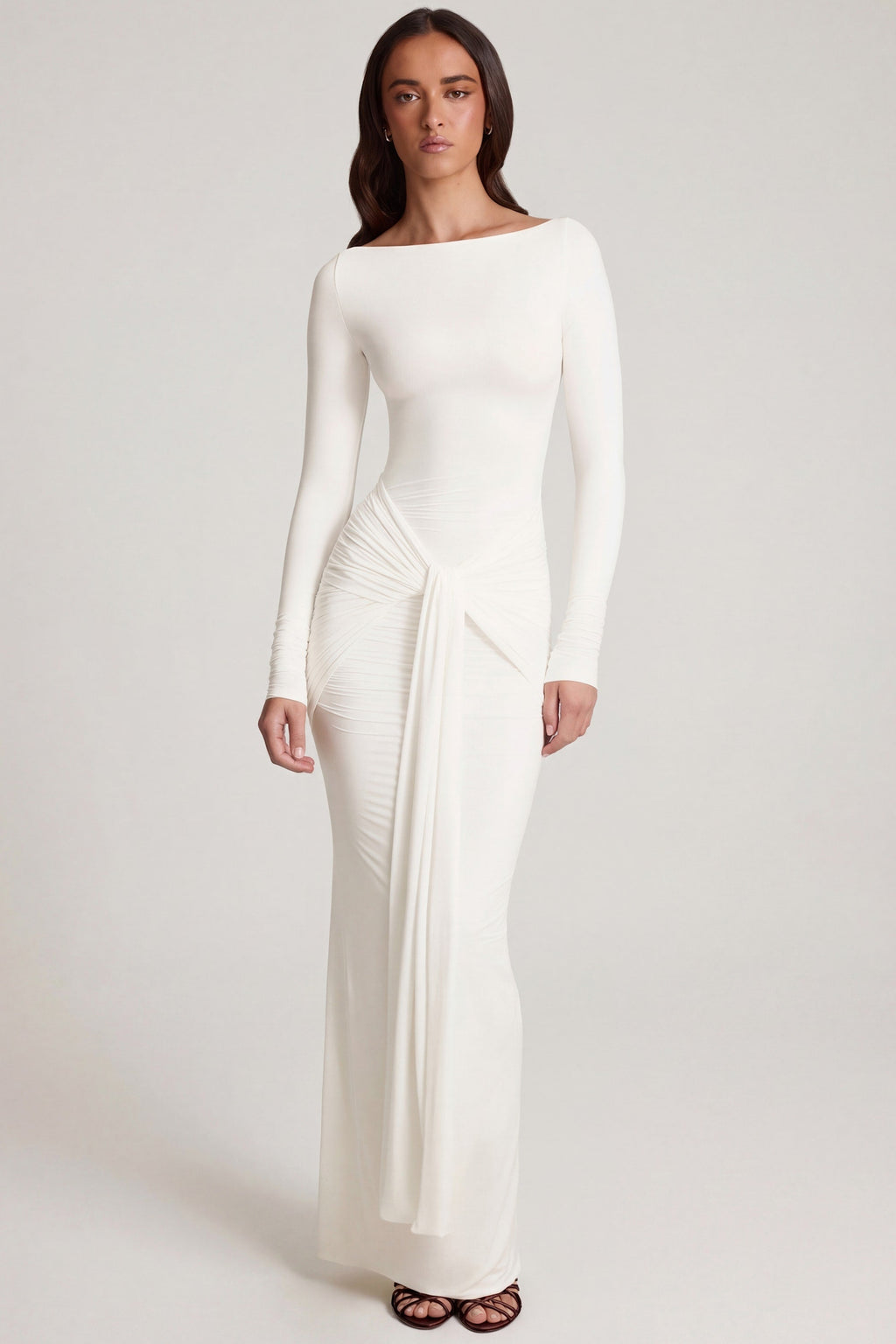Chic Soft Jersey Boat-Neck Tie-Gather Maxi Dress in White