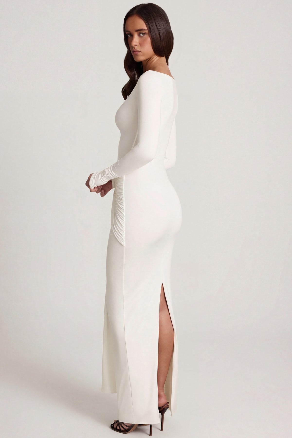 Chic Soft Jersey Boat-Neck Tie-Gather Maxi Dress in White
