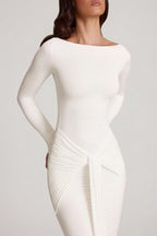 Chic Soft Jersey Boat-Neck Tie-Gather Maxi Dress in White