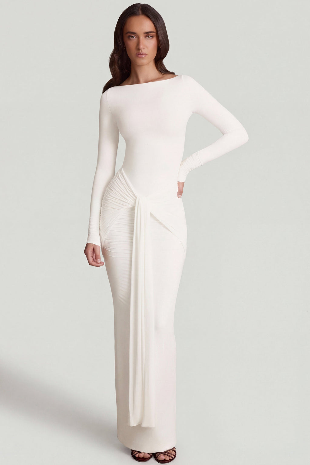Chic Soft Jersey Boat-Neck Tie-Gather Maxi Dress in White