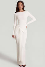 Chic Soft Jersey Boat-Neck Tie-Gather Maxi Dress in White