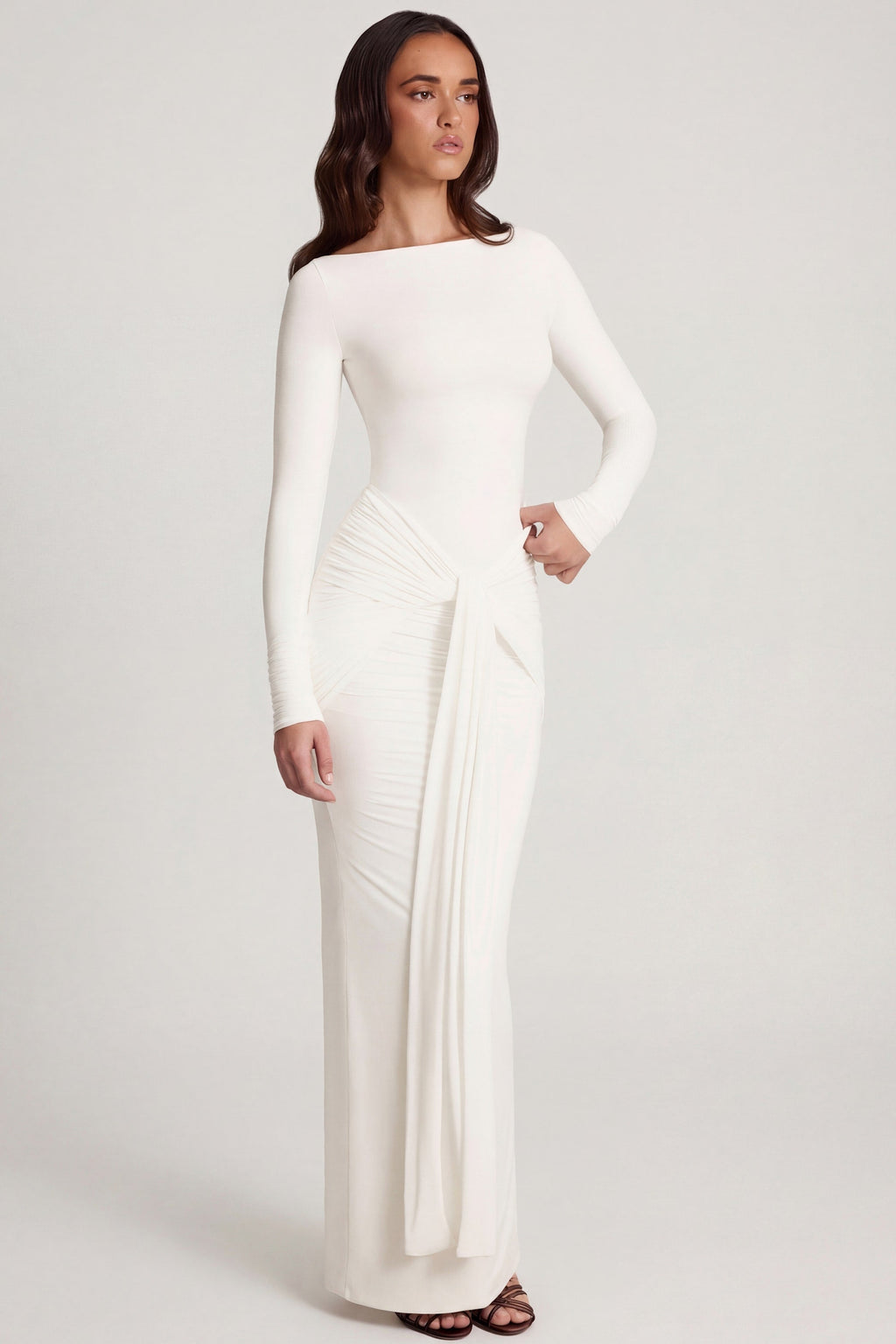 Chic Soft Jersey Boat-Neck Tie-Gather Maxi Dress in White