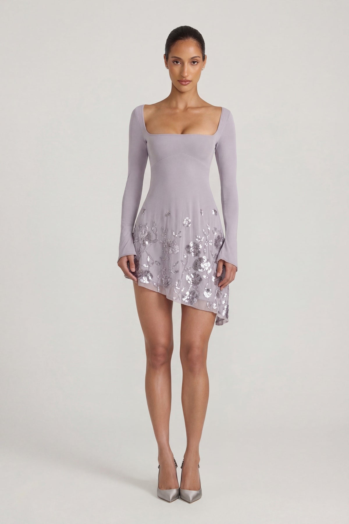Chic Embellished Appliqué Asymmetric Mini Dress in Lilac