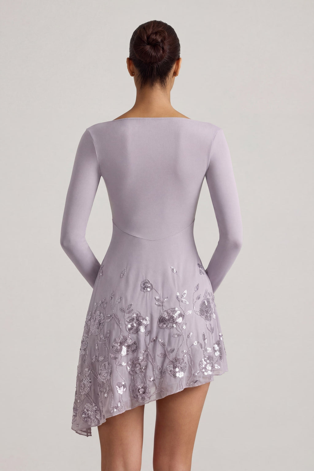 Chic Embellished Appliqué Asymmetric Mini Dress in Lilac