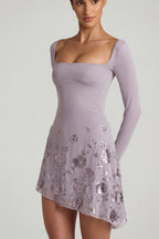 Chic Embellished Appliqué Asymmetric Mini Dress in Lilac