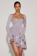 Chic Embellished Appliqué Asymmetric Mini Dress in Lilac