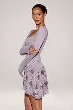 Chic Embellished Appliqué Asymmetric Mini Dress in Lilac