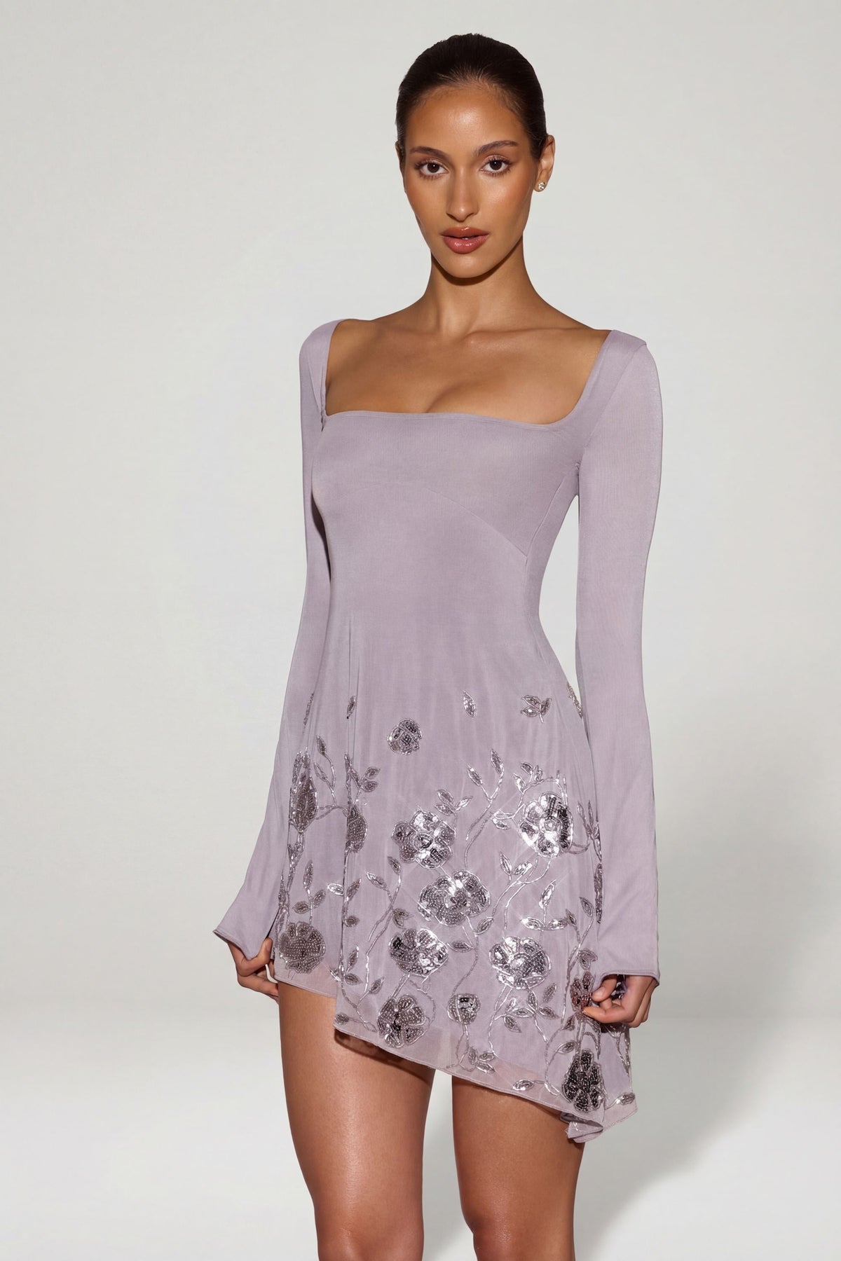 Chic Embellished Appliqué Asymmetric Mini Dress in Lilac