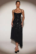 Chic Embellished Soft-Scoop Asymmetric Midaxi Dress in Black