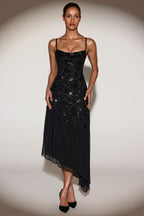 Chic Embellished Soft-Scoop Asymmetric Midaxi Dress in Black