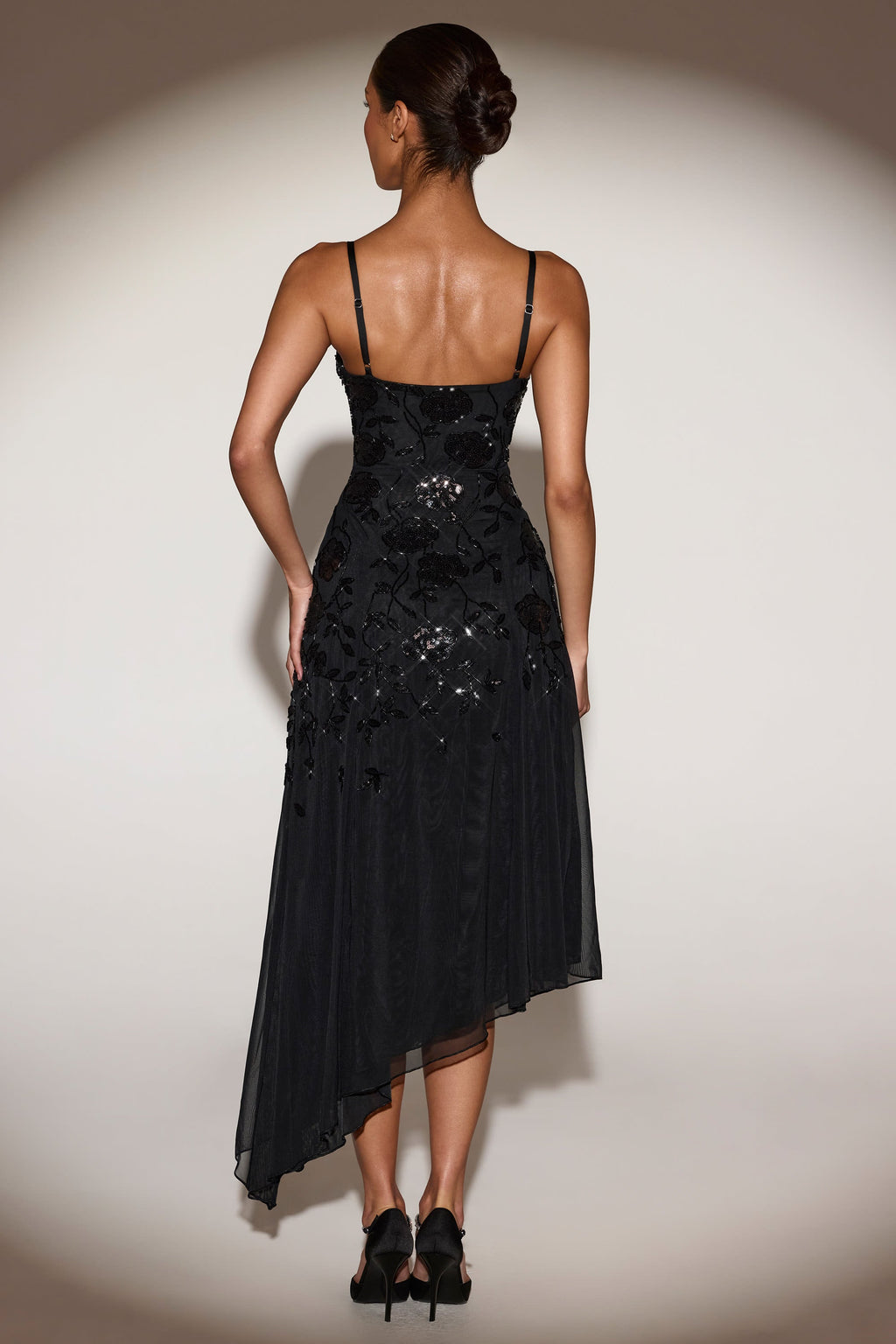 Chic Embellished Soft-Scoop Asymmetric Midaxi Dress in Black