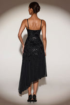 Chic Embellished Soft-Scoop Asymmetric Midaxi Dress in Black