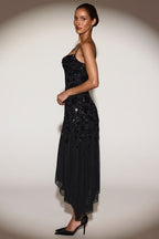Chic Embellished Soft-Scoop Asymmetric Midaxi Dress in Black