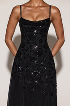 Chic Embellished Soft-Scoop Asymmetric Midaxi Dress in Black